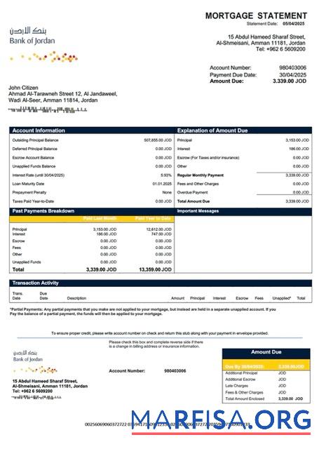 Downloadable Jordan Bank of Jordan mortgage statement Word and PDF template
